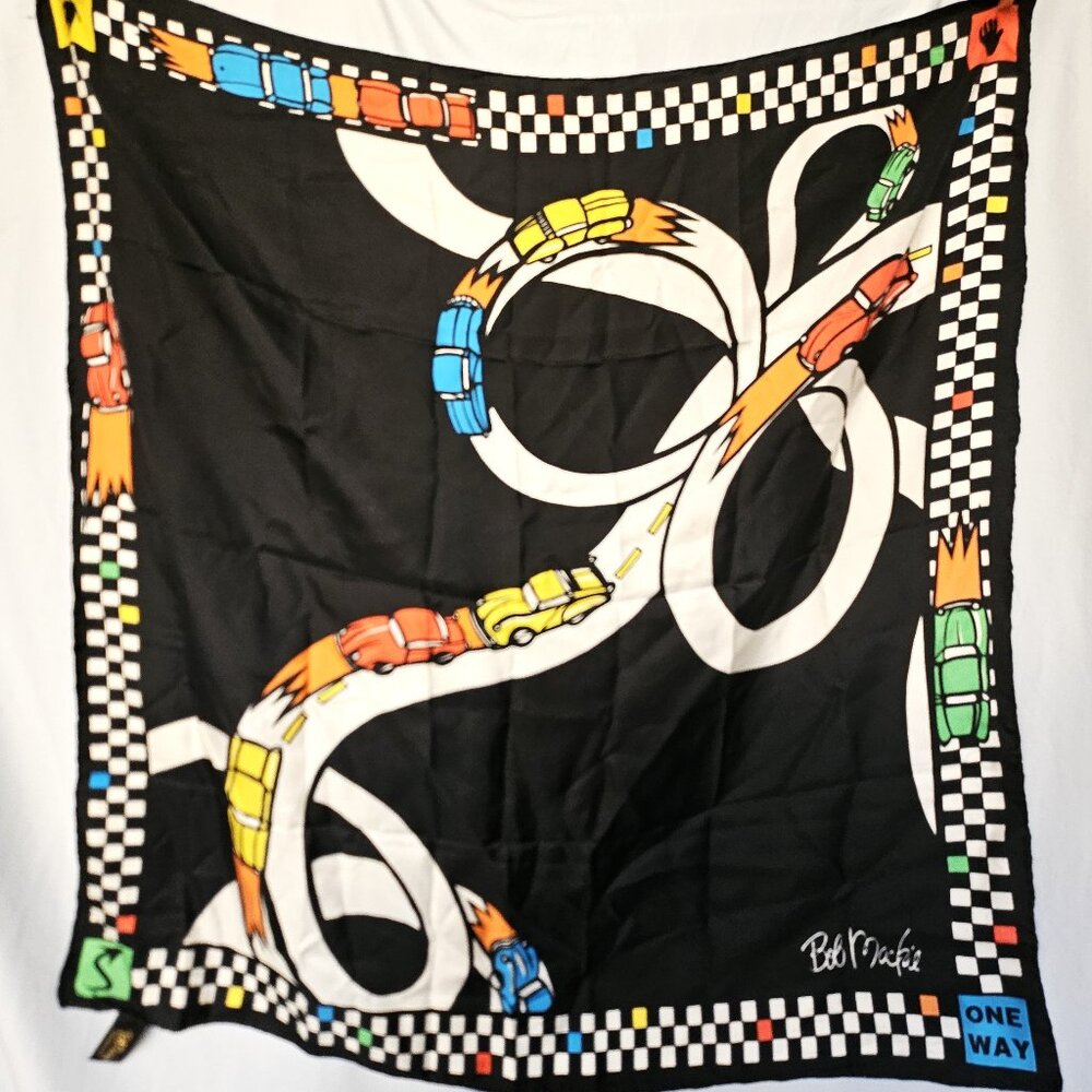 Bob Mackie unusual and vivid silk scarf cars freeway "one way"